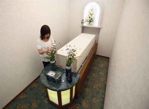 Coffin in a "Lastel" hotel for the dead in Japan