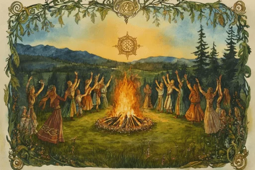 Maidens burning wreaths at a summer solstice bonfire