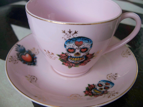 Skull Teacup pink tea death cafe english tea party impermanence