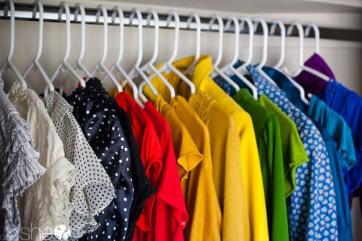color coordination, colorful clothes, t-shirts, closet organization, colorful wardrobe