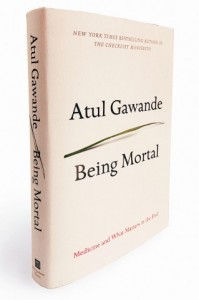 The book cover for Atul Gawande's Being Mortal featuring black text on a white background