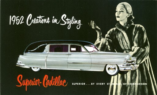 A vintage advertisement for a funeral car with a lady in a fur coat standing over it
