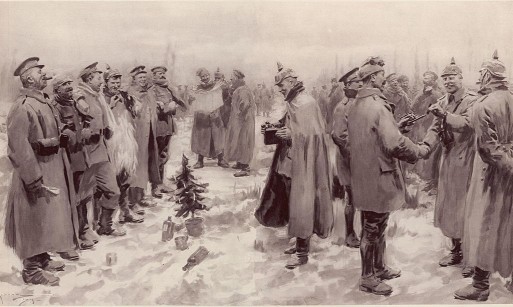 An Illustration of German and British soldiers exchange gifts of pudding and pipes during the Christmas truce