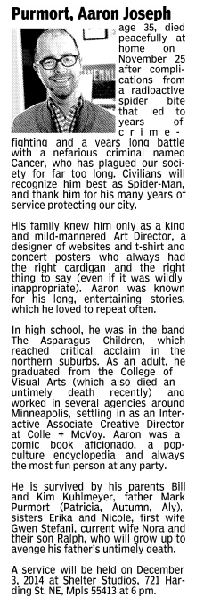Aaron's obituary published in a newspaper