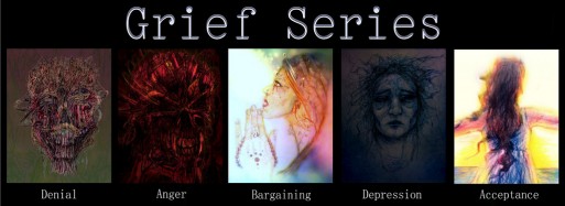 illustrated representations of the five stages of grief including denial, anger, bargaining, depression and acceptance