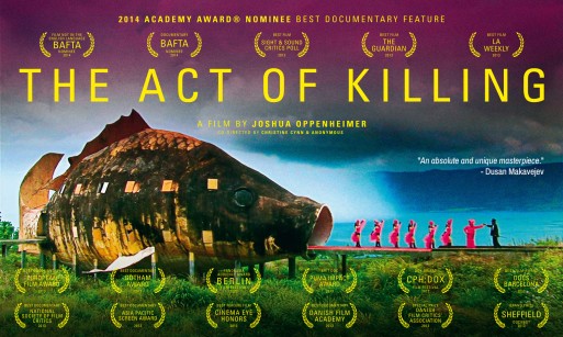 Poster for The Act of Killing featuring women in red dresses walking out of the mouth of a huge stone fish statue
