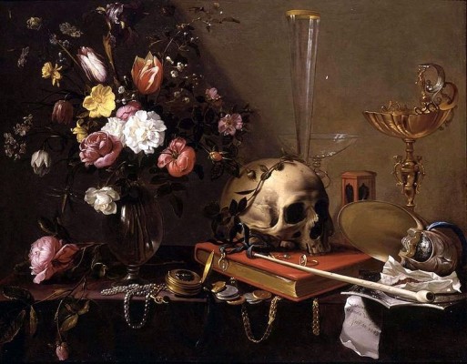 Adrian Van Utrecht "Still Life with Bouquet and Skull"