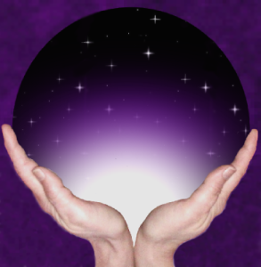 Logo for Journeys Beyond, Pashta's Death Midwifery service. Two hands cradle a purple orb of stars