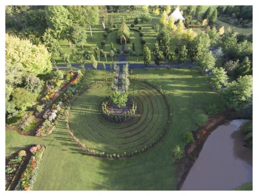 Aerial view of Tree Church and landscaped labyrinth