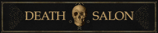 Death Salon banner image featuring text and image of human skull