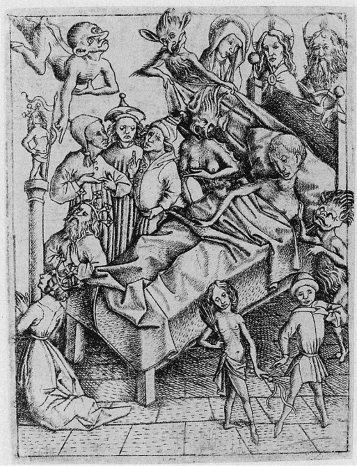  Temptation or lack of faith, one of the five temptations of the Ars moriendi, engraving circa 1450