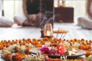Flowers and incense at a memorial service
