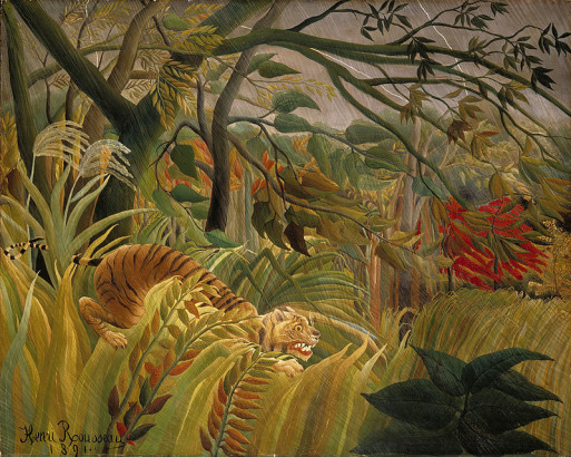 A painting of a tiger in a forest