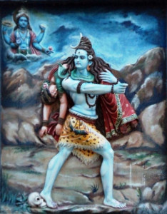A painting of Shiva carrying Sati over his shoulder