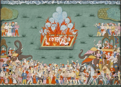 Ramambai practicing Sati over a pyre, in painted form