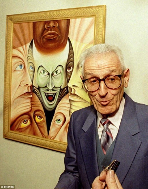Dr. Kevorkian with his painting "Brotherhood" 