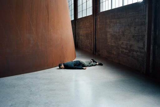 Self-portrait by Tom Philips lying dead on the floor