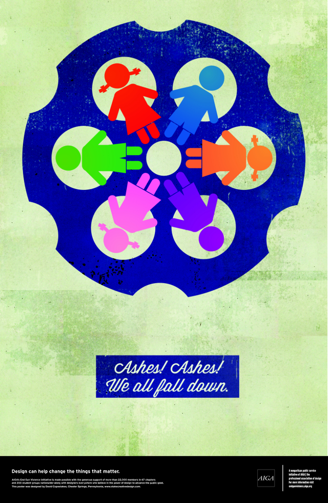 Merry-go-round shaped like a gun cylinder with children inside depicts gun violence and children's deaths