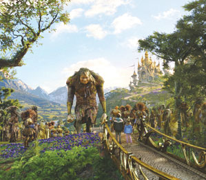 Children walking over fictional bridge followed by an ogre representing death