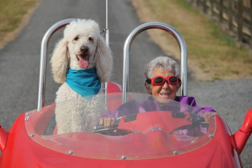 Norma and her standard poodle Ringo driving a bright red sports car as she faced death unafraid