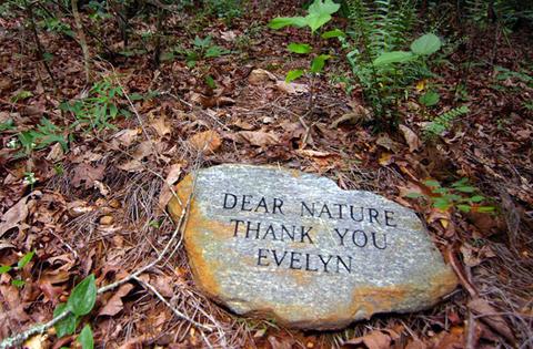 An engraved stone in a green cemetary