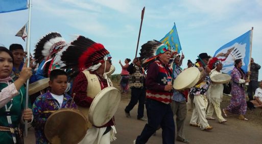 Water protectors lead a peaceful demonstration at Standing Rock 