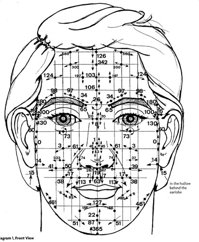Complete facial reflexology chart. Treatments for specific ailments involve a handful of the points depicted here. (Credit: pinterest.com)
