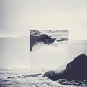 A photo of the ocean smashing against a rock, with an upside down, square image at the center representing anger in the five stages of grief
