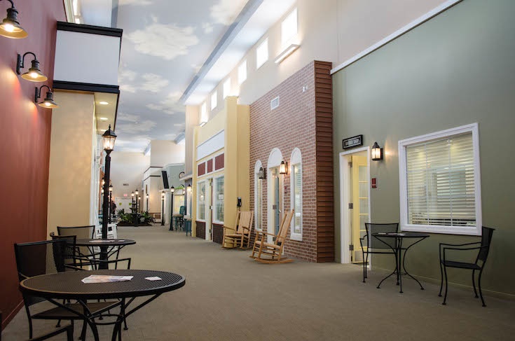 Assisted living facility corridor looks like Main St USA