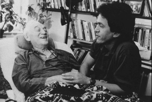 Morrie and Mitch Ablom sharing stories for Tuesdays with Morrie
