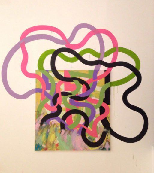Seth Remsnyder's painting, with black, green, pink and purple tubes weaving around the canvas and onto the wall,