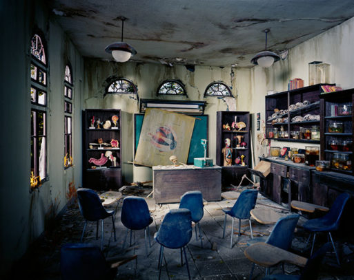 A post apocalyptic scene of an anatomy classroom