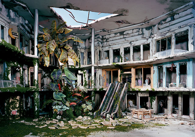 A destroyed shopping mall in post-apocalyptic world