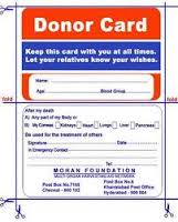 A photocopy of an organ donor card listing what the owner is willing to donate 