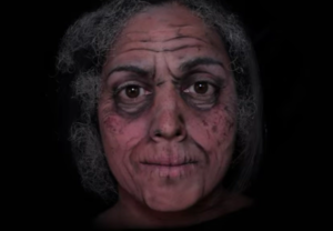 Emma Allen's face painted with deep wrinkles and grey hair shows circle of life