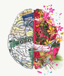 Drawing of a brain with beautiful cognitive thoughts around grief