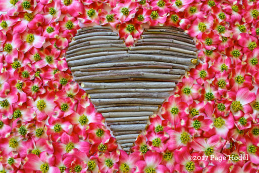 Handamde heart made of twigs surrounded by pink and white flowers
