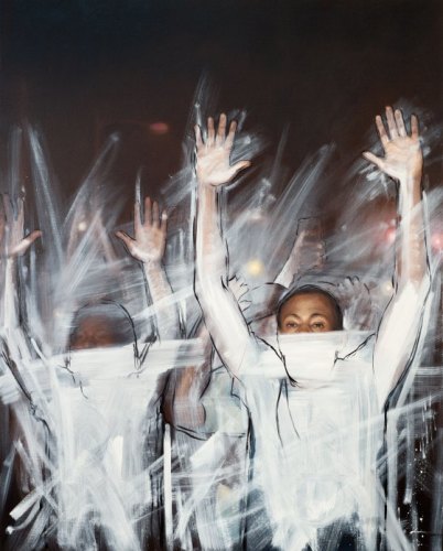 Black men with hands up
