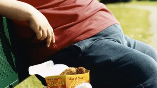 Person with obesity sitting on a park bench next to a package of chicken nuggets