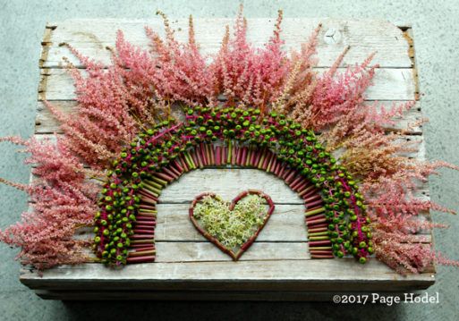 Pink flowers surrounding pink and green seeds around a handmade heart