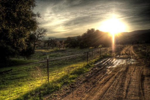 A dirt road with the sun rising in the background
