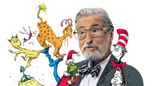 Dr. Seuss surrounded by his characters