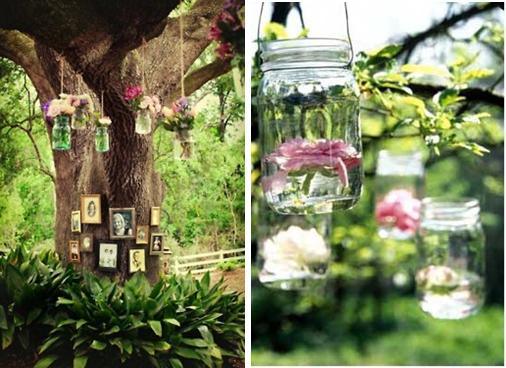memorial tree with mason jars and flowers
