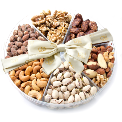 Round container divided into six sections filled with mixed nuts as a holiday gift