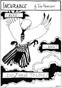 An illustration from "In-Between Days" featuring Harrison with a bird's body, flying, and a caption that says "What do I have to lose?"