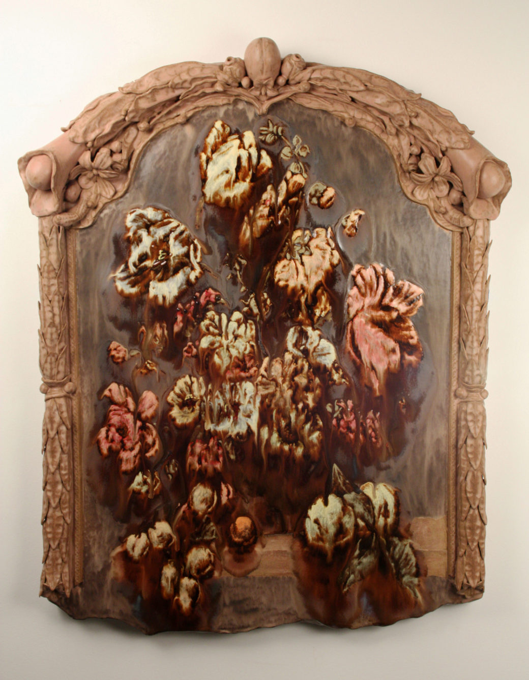 A still life vanitas, featuring a painting of decaying flowers that look like they are melting