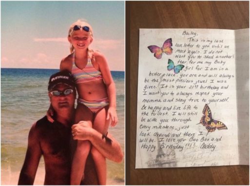 Bailey Sellers and her dad next to a photo of his final birthday gift card