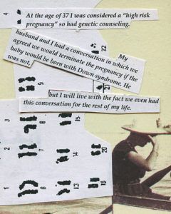 An anonymous postcard confession, featuring words cut and pasted onto the card, discussing the guilt associated with giving birth to a child with disabilities