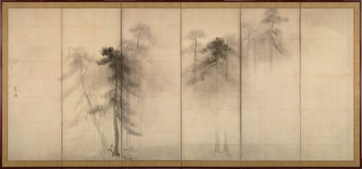 One of Hasegawa Tōhaku's landscapes, featuring an image of two pine trees with light brushstrokes of past and future trees surrounding each