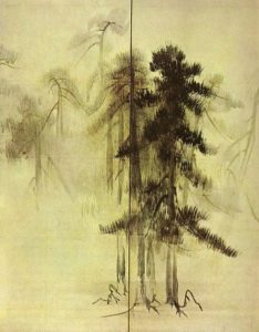 One of Hasegawa Tōhaku's landscapes, featuring a single pine tree surrounded by lighter sketches of other pine trees that represent the tree's past and future